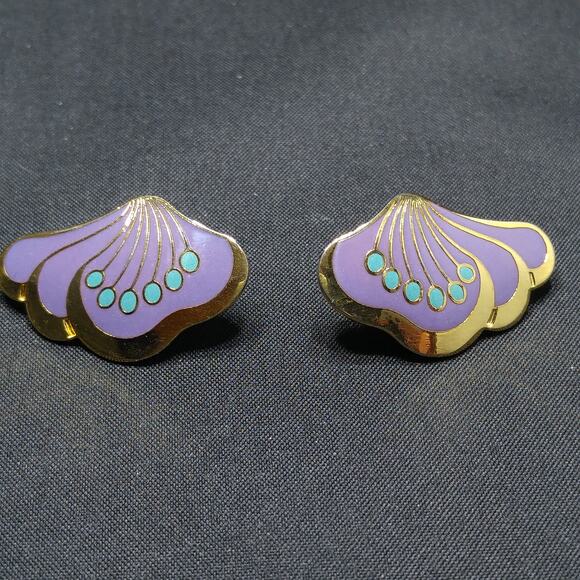 Laurel Burch Peony Post Earrings, Gold Plated Cloisonne Enamel, 1980s Vintage - Picture 4 of 10